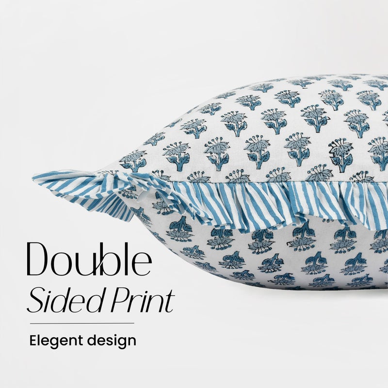 CPC COTTON PRINT CLU CPC Apatite Blue 100% Cotton Block Print Ruffle Sham Cover 14x36 inch  Handmade Boho Floral Pillowcase  Farmhouse Cottagecore Bedding  Soft Decorative Cushion Cover for Bedroom D?cor - Image 2